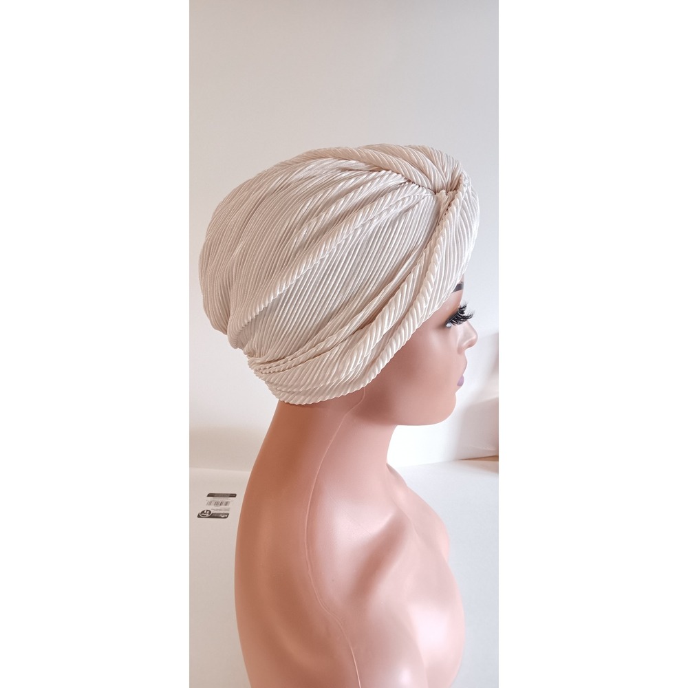 Tan Shimmer Pleated Front Twist Hijab Cap Modest Turban Headpiece - Picture 2 of 5